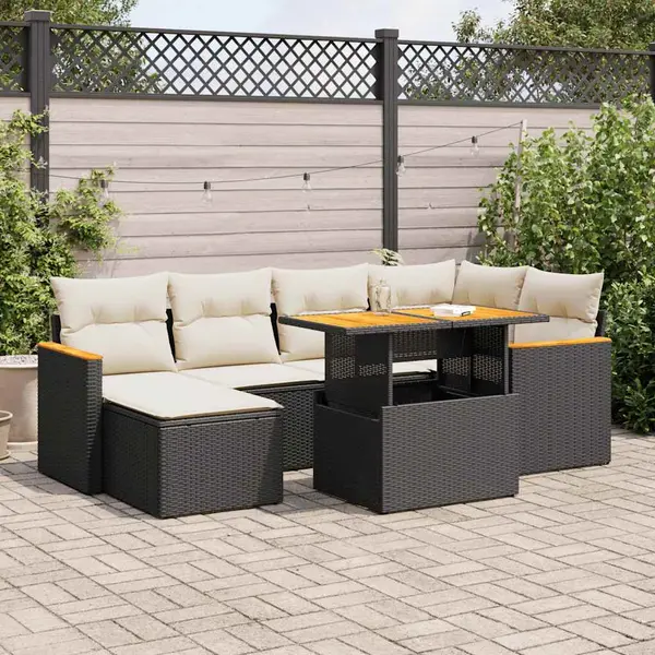 Gossi set canapele gradina perne 7 piese negru, poliratan/lemn acacia