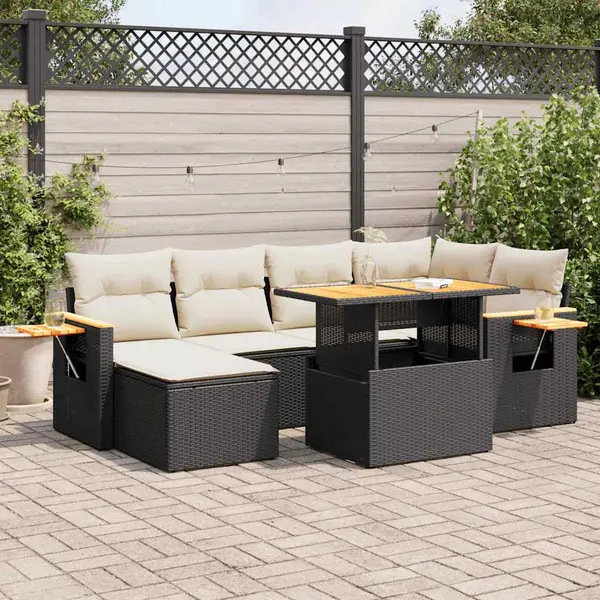 Gossi set canapele gradina perne 7 piese negru, poliratan/lemn acacia
