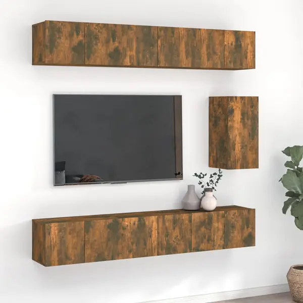 Gossi set comoda tv, 7 piese, stejar fumuriu, lemn compozit