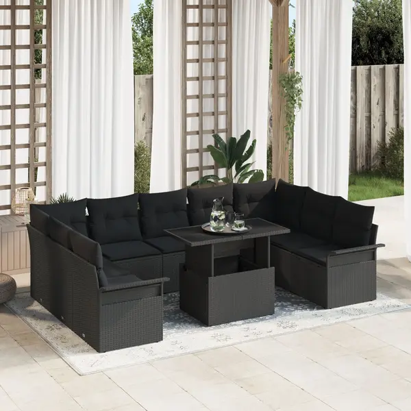Gossi set de 10 piese de canapea de gradina cu perne din poliratan negru