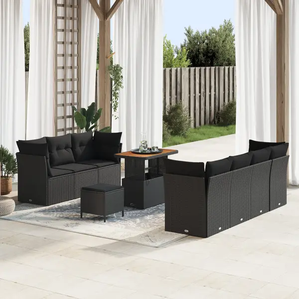 Gossi set de 10 piese pentru gradina cu perne negru ratan poli acacia, Gossi set de 3 piese pentru dining in gradina cu perne negru ratan poli acacia