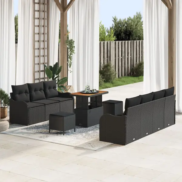 Gossi set de 10 piese sofa pentru gradina cu perne negru poliratan acacia, Gossi sofa de gradina cu 2 locuri cu depozitare si perne negru poliratan, Gossi set de dining pentru gradina cu 3 piese cu perne negru poliratan acacia