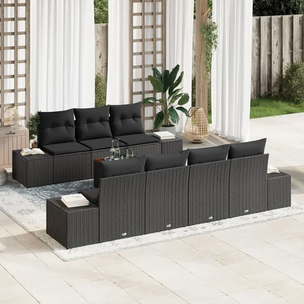 Gossi set de 8 piese de canapea de gradina cu perne negru poliratan acacia