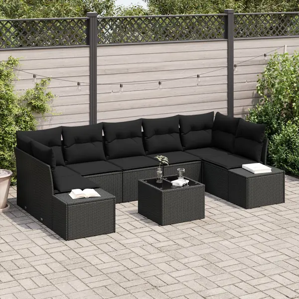 Gossi set de 8 piese pentru gradina cu perne negre din poliratan