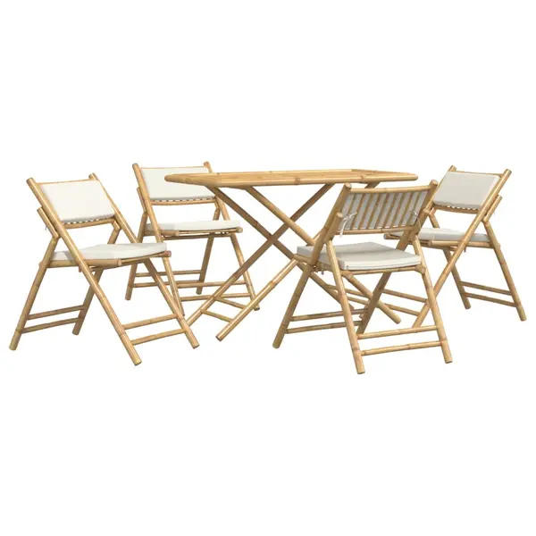 Gossi set de bistro pliabil, 5 piese, cu perne alb crem, bambus