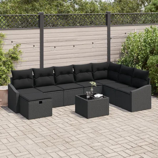 Gossi set de canapea cu 9 piese cu perne ratan poli negru