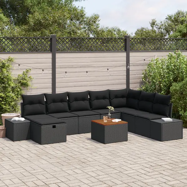 Gossi set de canapea cu 9 piese pentru gradina cu perne negre din poliratan