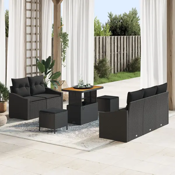 Gossi set de canapea de gradina 8 piese cu perne negre din poliratan acacia, Gossi canapea de gradina pentru 2 persoane cu perne negre din poliratan, Gossi set de dining de gradina 3 piese cu perne negre din poliratan acacia