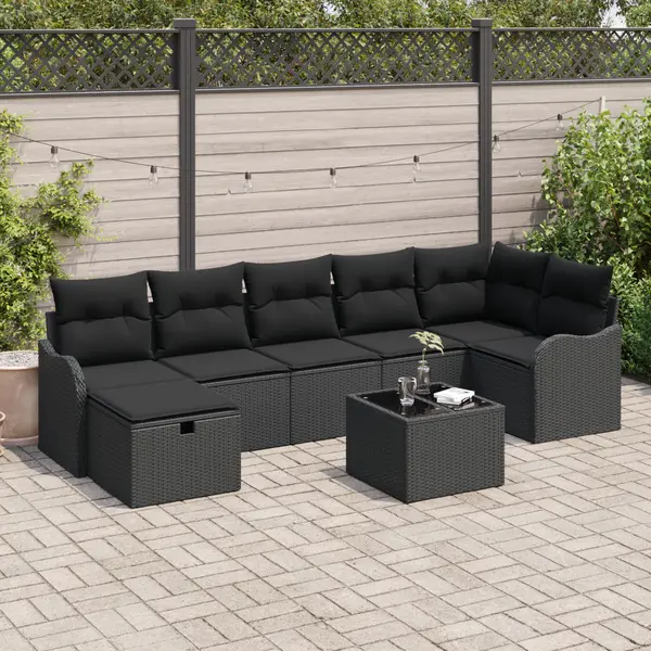 Gossi set de canapea de gradina 8 piese cu perne negru ratan sintetic, Gossi canapea de gradina cu 2 locuri cu perne negru ratan sintetic