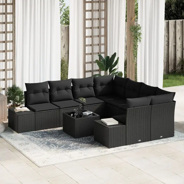 Gossi set de canapea de gradina , 9 piese, cu perne, ratan poli, negru