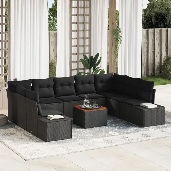 Gossi set de canapea de gradina cu 10 piese cu perne, negru, poliratan, acacia