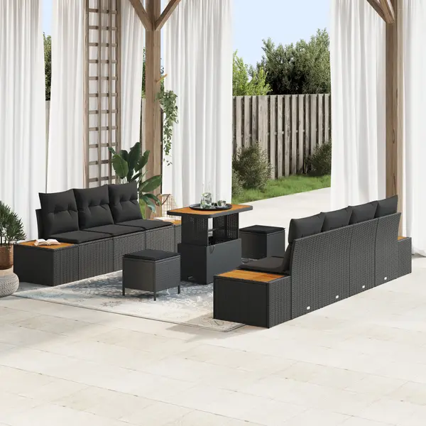 Gossi set de canapea de gradina cu 10 piese si perne, negru, rattan polimeric, acacia, Gossi set de dining de gradina cu 3 piese si perne, negru, rattan polimeric, acacia