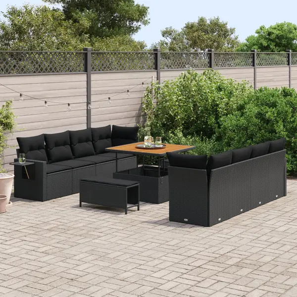 Gossi set de canapea de gradina cu 11 piese si perne din poliratan negru si acacia, Gossi set de mese de gradina cu 3 piese si perne din poliratan negru si acacia
