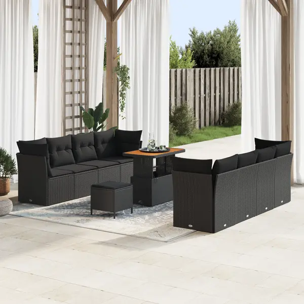 Gossi set de canapea de gradina cu 11 piese si perne negru poli ratan acacia, Gossi set de dining de gradina cu 3 piese si perne negru poli ratan acacia