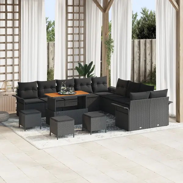 Gossi set de canapea de gradina cu 14 piese cu perne negru poli ratan acacia, Gossi canapea de gradina cu 2 locuri cu depozitare si perne negru poli ratan, Gossi set de dining de gradina cu 4 piese cu perne negru poli ratan acacia