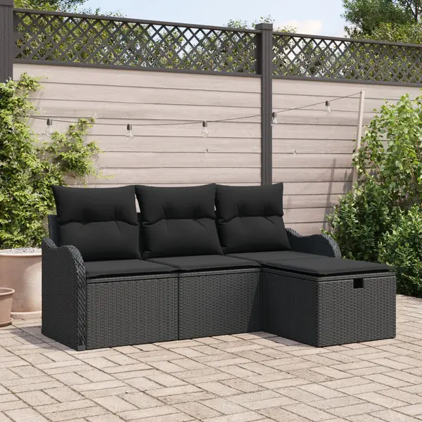Gossi set de canapea de gradina cu 4 piese si perne negru ratan poli, Gossi canapea de gradina cu 2 locuri cu spatiu de stocare & perne negru ratan poli