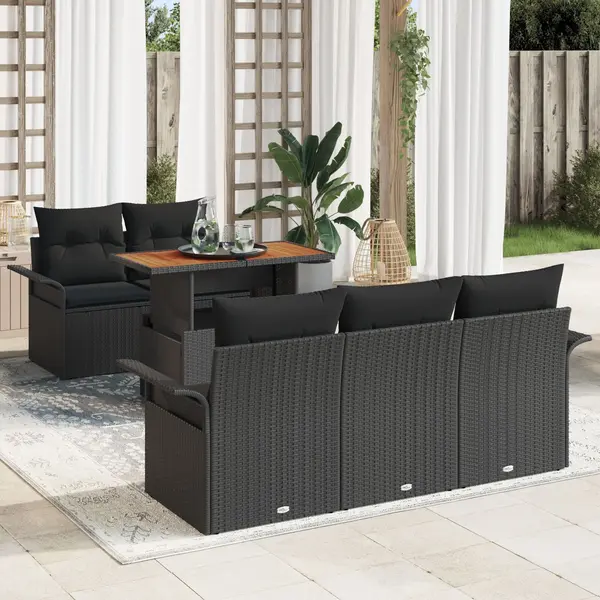 Gossi set de canapea de gradina cu 6 piese si perne, ratan negru si lemn