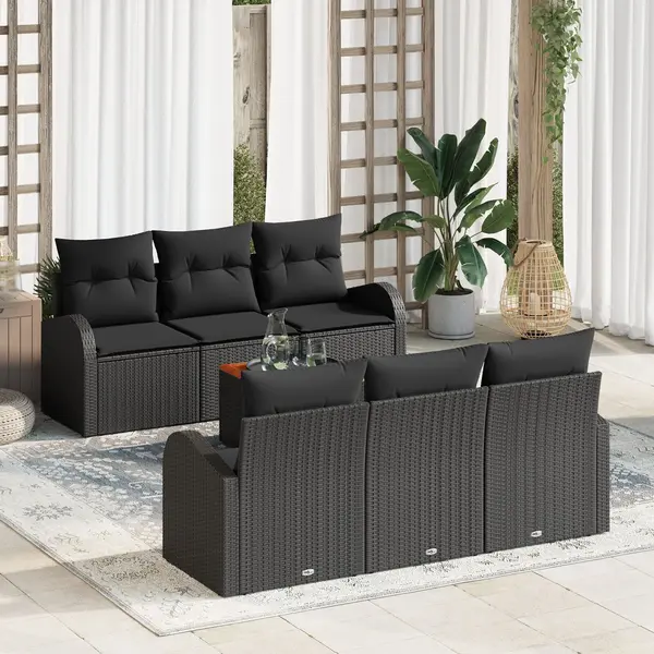 Gossi set de canapea de gradina cu 7 piese cu perne, negru, din ratan poli si otel