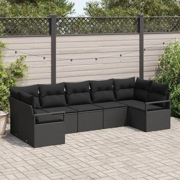 Gossi set de canapea de gradina de 7 piese cu pernite negru poli ratan, Gossi canapea de gradina cu 2 locuri cu spatiu de depozitare & pernite negru poli ratan