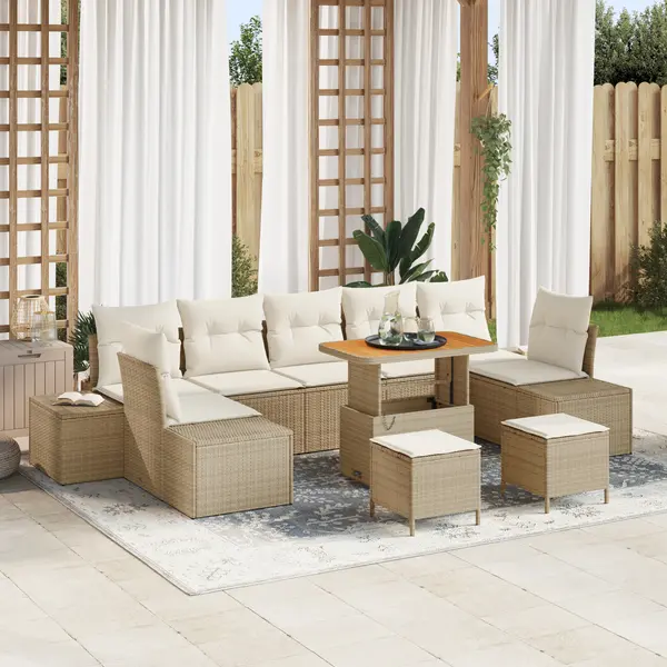Gossi set de canapea pentru gradina, 10 piese, cu perne, bej, poliratan, acacia, Gossi canapea pentru gradina cu spatiu de depozitare si perne, 2 locuri, bej, poliratan, Gossi set de dining pentru gradina, 3 piese, cu perne, bej, poliratan, acacia