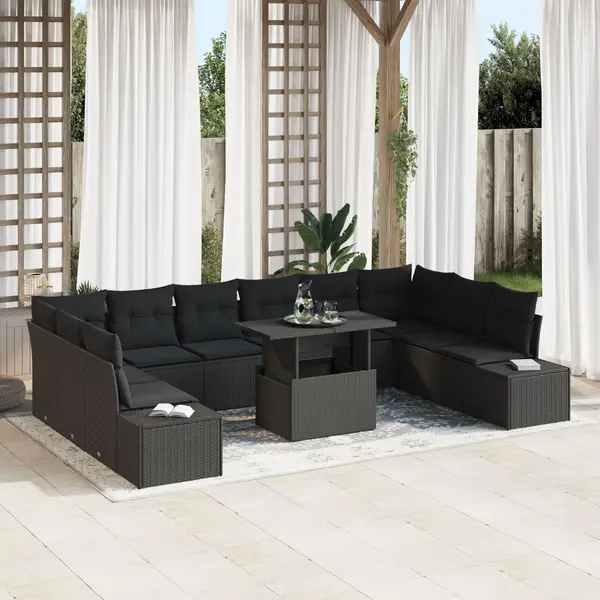Gossi set de canapea pentru gradina , 11 piese, cu perne, ratan negru