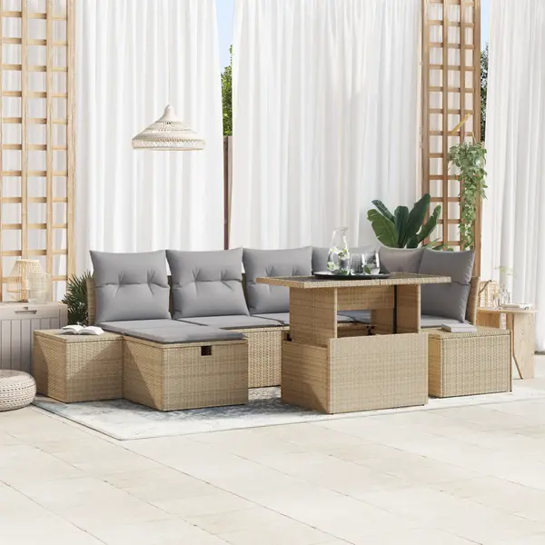 Gossi set de canapea pentru gradina , 7 piese, cu perne, bej, ratan sintetic