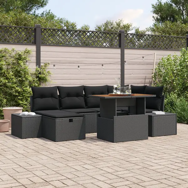 Gossi set de canapea pentru gradina 7 piese cu perne poliratan negru