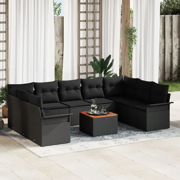 Gossi set de canapea pentru gradina cu 10 piese cu perne negru poliratan acacia