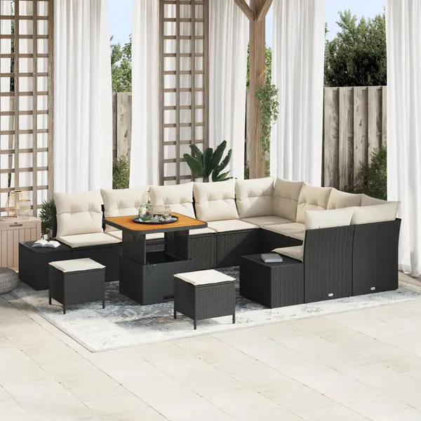 Gossi set de canapea pentru gradina cu 12 piese cu perne negru poliratan acacia, Gossi set de dining pentru gradina cu 3 piese cu perne negru poliratan acacia, Gossi canapea pentru gradina cu 2 locuri cu perne negru poliratan