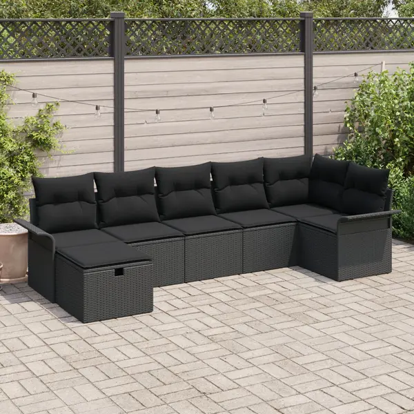 Gossi set de canapea pentru gradina cu 7 piese si perne negru din ratan poliester