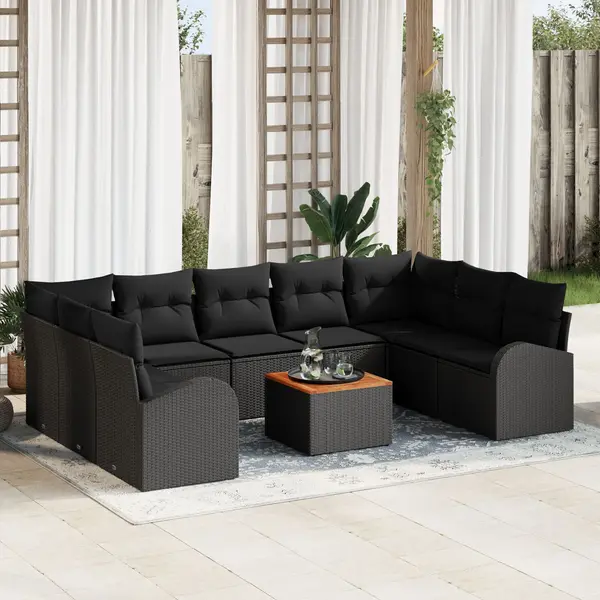 Gossi set de canapea pentru gradina de 10 piese cu perne negru poliratan acacia
