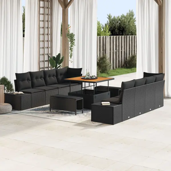 Gossi set de canapea pentru gradina in 11 piese cu perne ratan poli negru acacia, Gossi sofa de gradina pentru 2 persoane cu perne ratan poli negru, Gossi set de dining pentru gradina in 3 piese cu perne ratan poli negru acacia