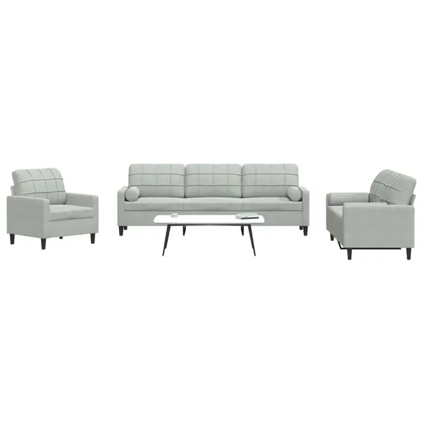 Gossi set de canapele cu perne, 3 piese, gri deschis, catifea