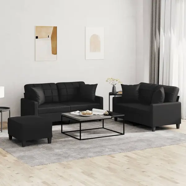 Gossi set de canapele cu perne, 3 piese, negru, piele ecologica