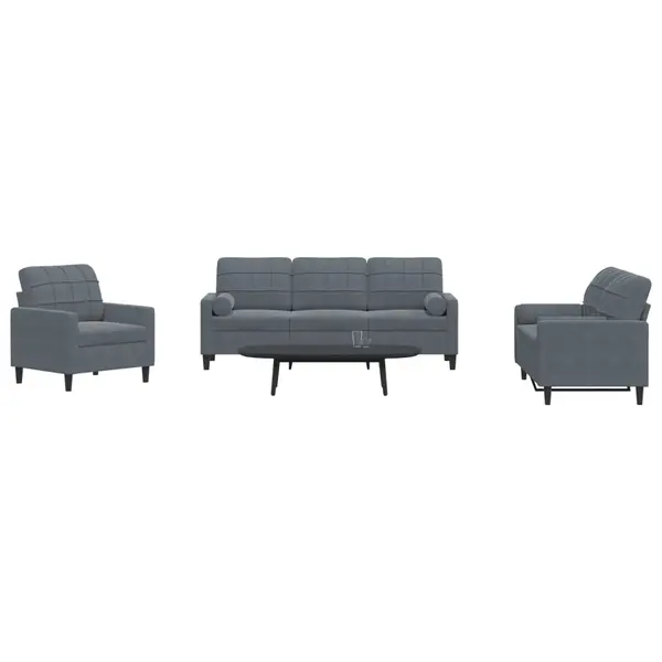 Gossi set de canapele cu perne/rulouri, 3 piese, gri inchis, catifea