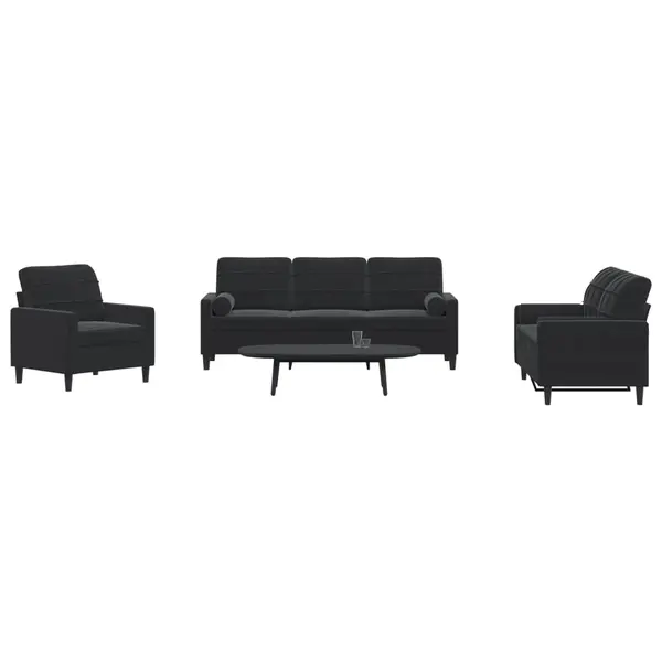 Gossi set de canapele cu perne/rulouri, 3 piese, negru, catifea