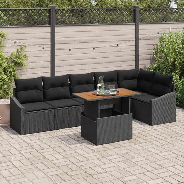 Gossi set de canapele de gradina de 7 piese cu perne, negru, poliratan