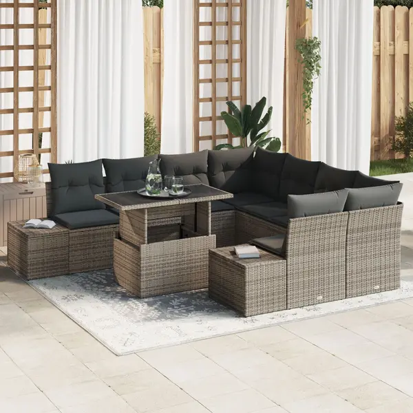 Gossi set de canapele pentru gradina , 9 piese, cu perne, gri, din poliratan