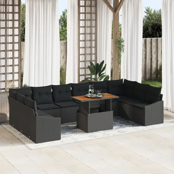 Gossi set de dining pentru gradina 11 piese cu perne rattan polistiren acacia negru
