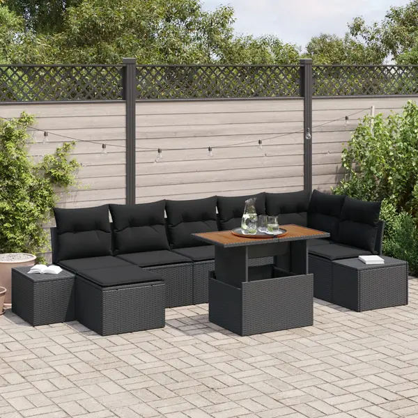 Gossi set de dining pentru gradina 8 piese cu perne din poliratan negru si acacia