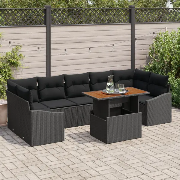 Gossi set de dining pentru gradina 8 piese cu perne ratan negru si acacia