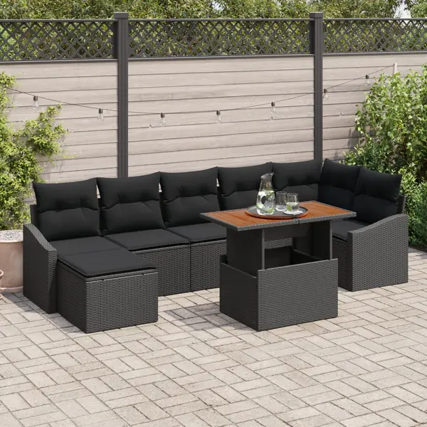 Gossi set de dining pentru gradina , 8 piese, cu perne, ratan negru si acacia