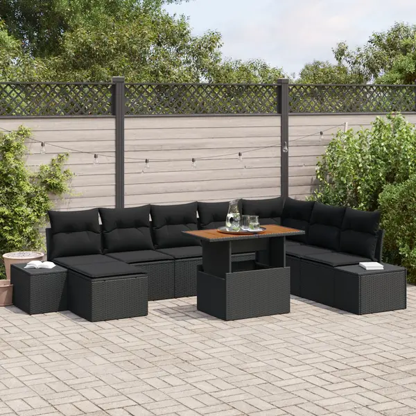 Gossi set de dining pentru gradina 9 piese cu perne negru poliratan acacia
