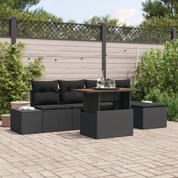 Gossi set de dining pentru gradina cu 6 piese si perne negru poliratan acacia
