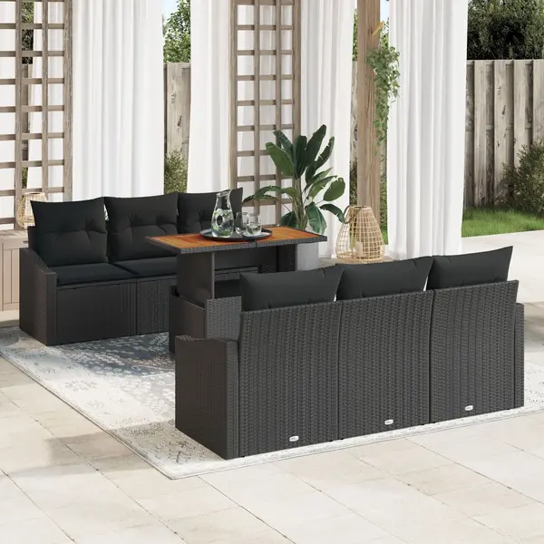 Gossi set de dining pentru gradina cu 7 piese cu perne negru poliratan acacia