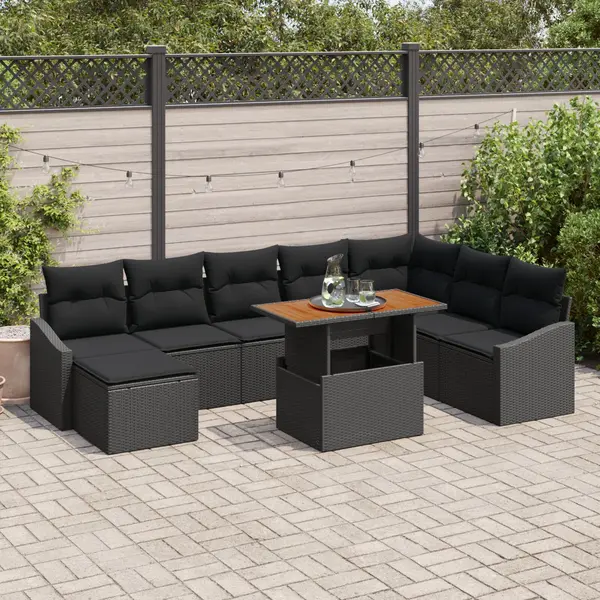 Gossi set de dining pentru gradina cu 9 piese si perne, ratan polirat negru, acacia