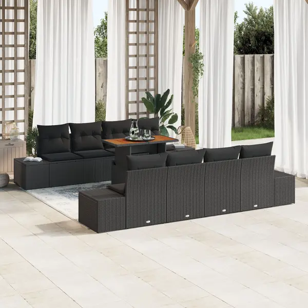 Gossi set de dining pentru gradina cu 9 piese si perne, rattan negru si lemn de acacia