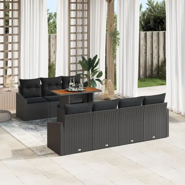 Gossi set de dining pentru gradina de 8 piese cu perne, poliratan negru, acacia