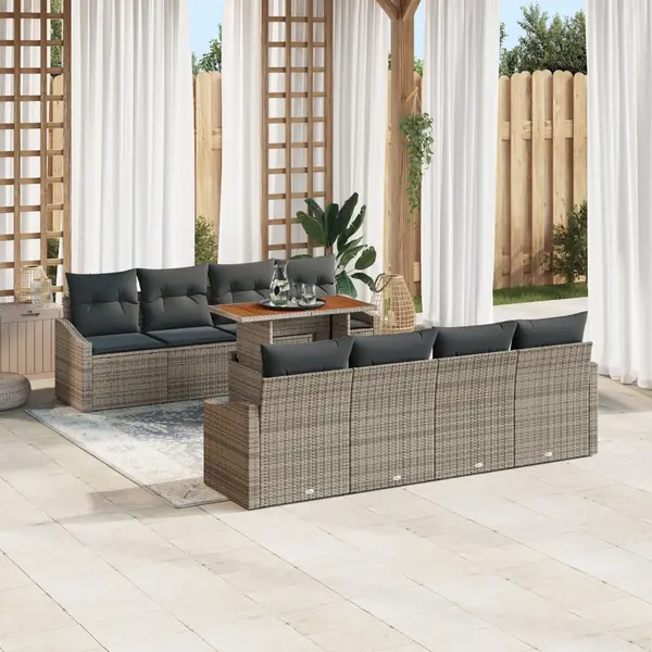 Gossi set de dining pentru gradina de 9 piese cu perne gri din poliratan si acacia