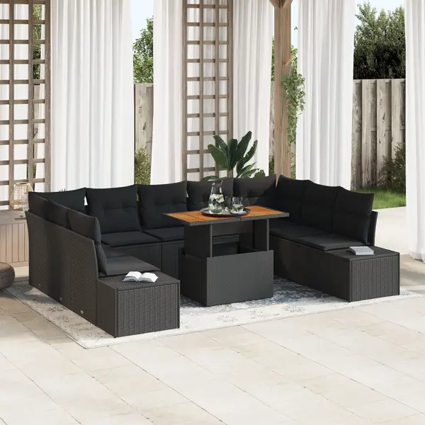 Gossi set de masa de gradina de 10 piese cu perne, ratan poli, acacia, negru